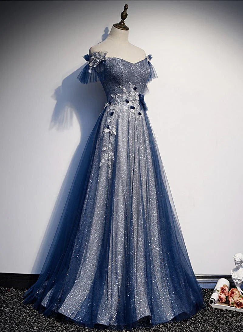 Ethereal A-Line Off-the-Shoulder Beaded-Bodice Dusty-Blue Tulle Prom Dresses