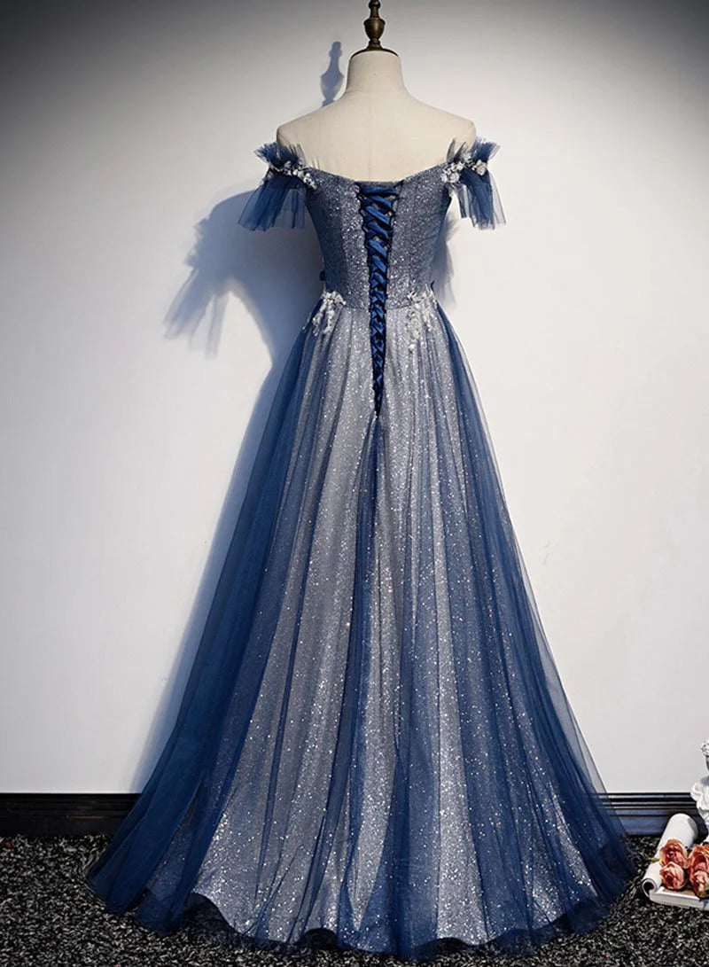 Ethereal A-Line Off-the-Shoulder Beaded-Bodice Dusty-Blue Tulle Prom Dresses