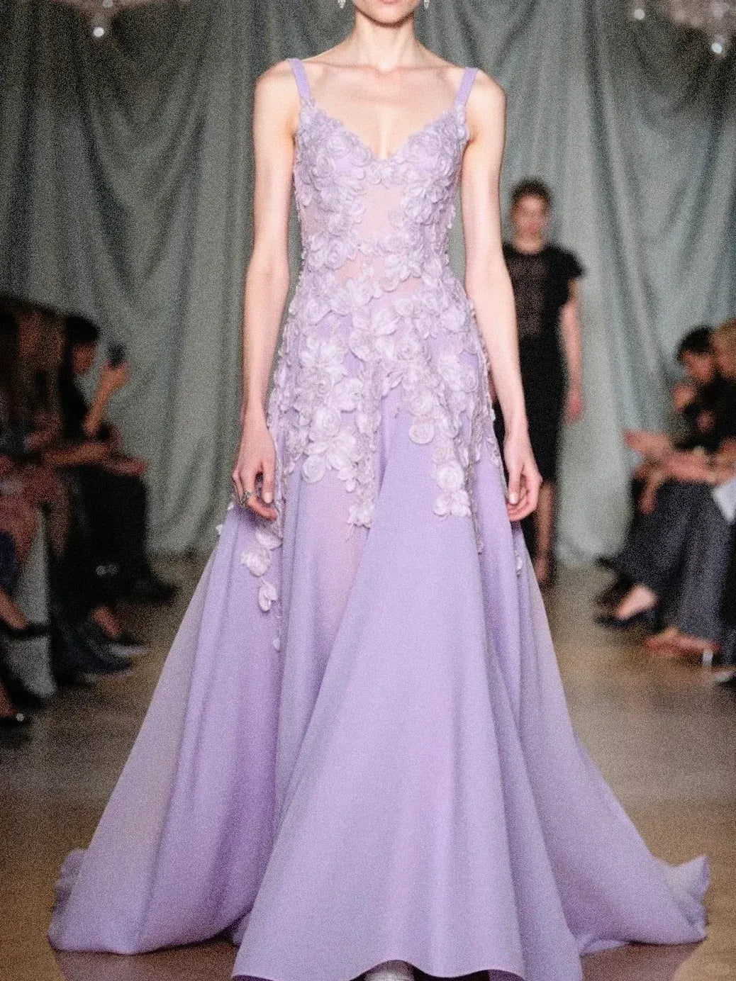 Ethereal A-Line Spaghetti-Strap 3D Floral Lavender Tulle Gown