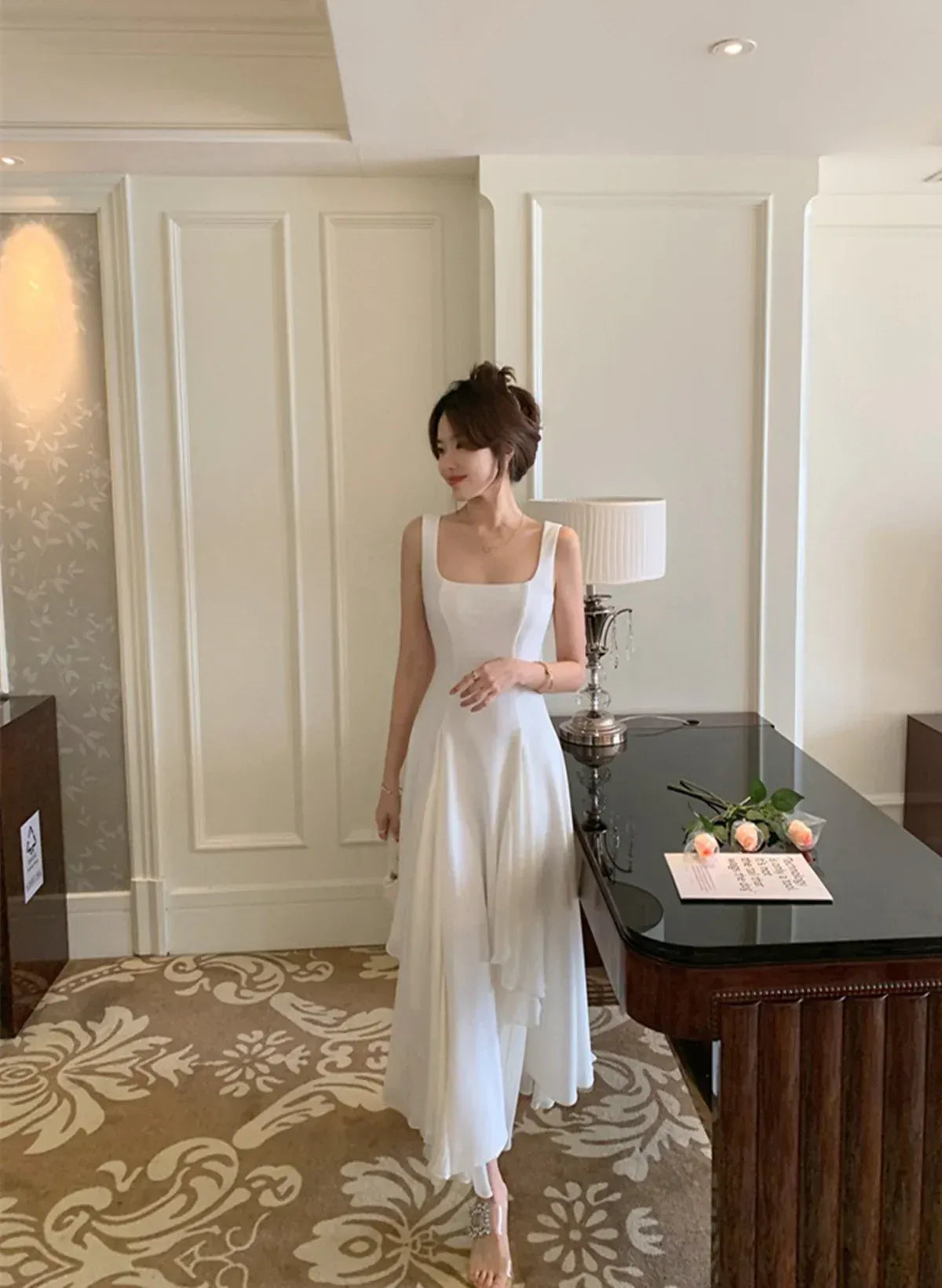 Ethereal A-Line Square-Neck High-Low Ivory Chiffon Gown