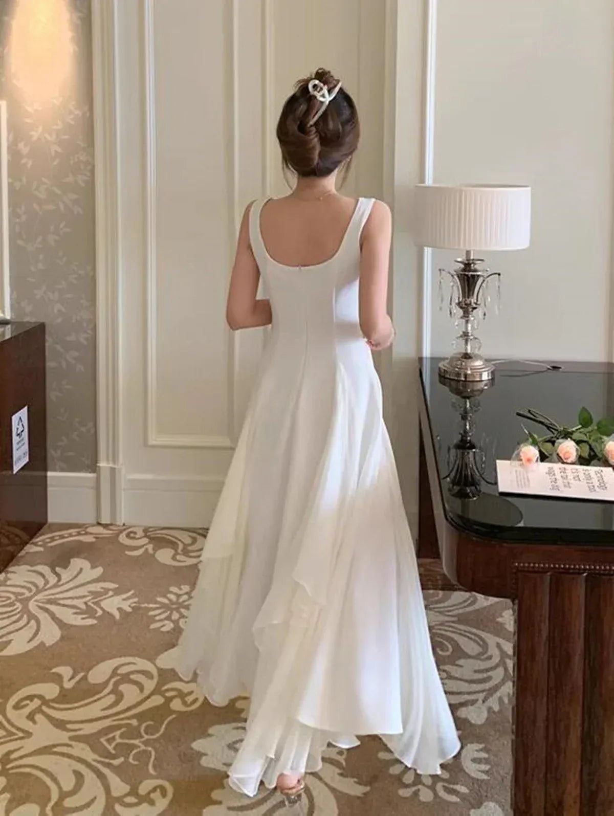 Ethereal A-Line Square-Neck High-Low Ivory Chiffon Gown