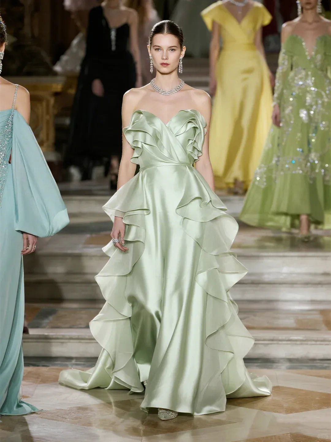 Ethereal A-Line Strapless Ruffled Sage-Green Satin Gown