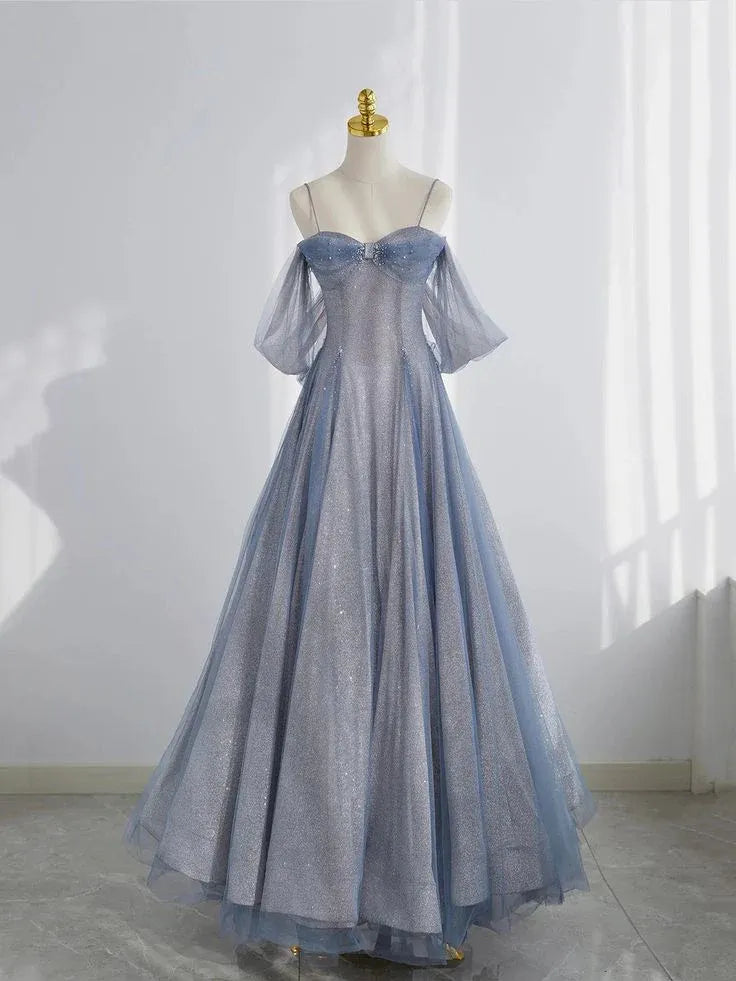 Ethereal A-Line Sweetheart Off-the-Shoulder Beaded-Bow Dusty-Blue Tulle Prom Dresses