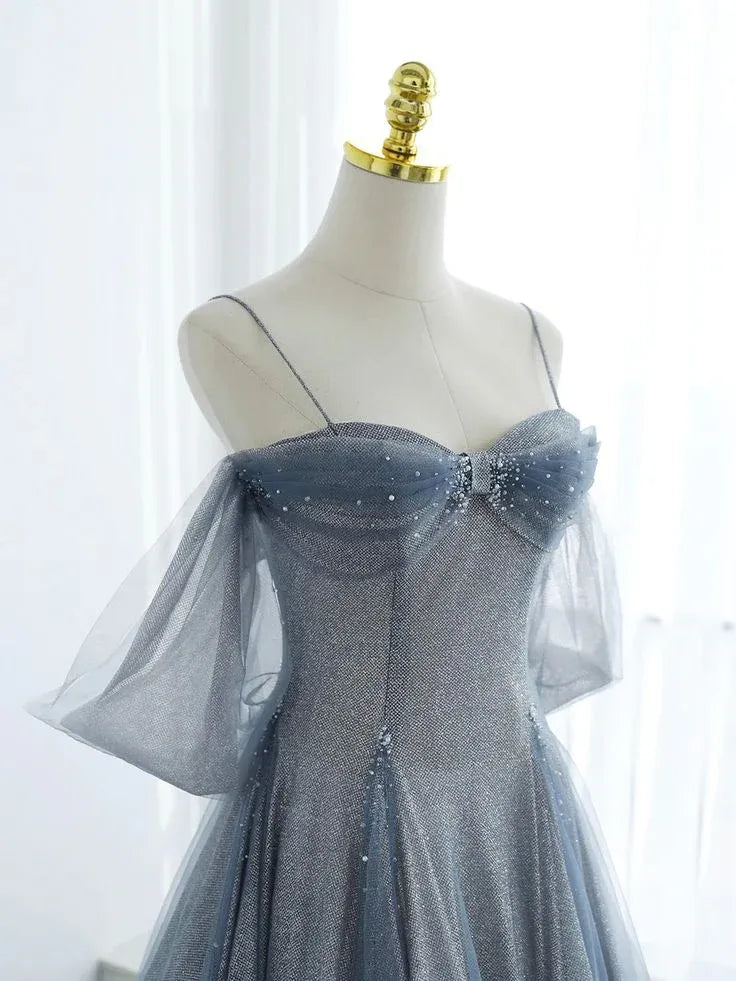Ethereal A-Line Sweetheart Off-the-Shoulder Beaded-Bow Dusty-Blue Tulle Prom Dresses