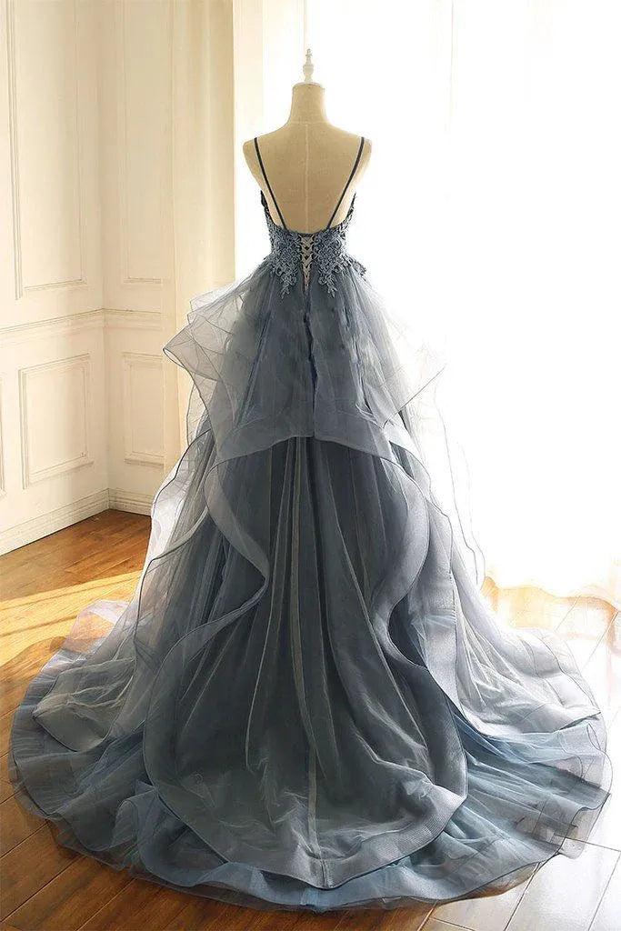 Ethereal A-Line V-Neck Lace-Appliqué Dusty-Blue Tulle Prom Dresses
