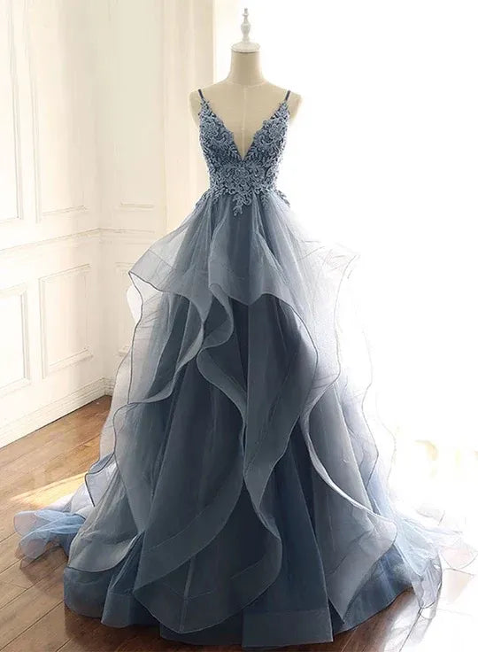 Ethereal A-Line V-Neck Lace-Appliqué Dusty-Blue Tulle Prom Dresses