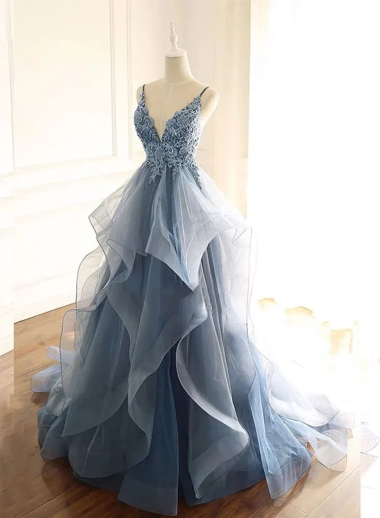 Ethereal A-Line V-Neck Lace-Appliqué Dusty-Blue Tulle Prom Dresses