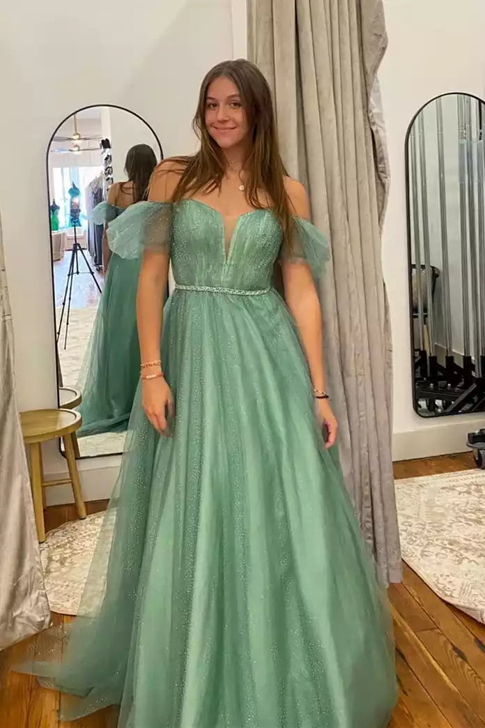 Ethereal A-line Off-the-Shoulder Tulle Gown with Beaded Accents