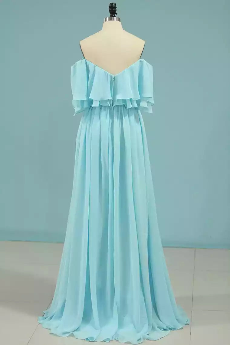Ethereal Aqua Blue Chiffon Gown with Off-the-Shoulder Ruffled Bodice
