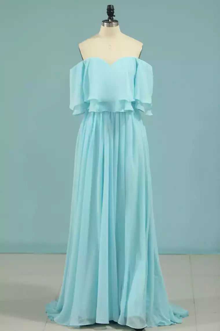 Ethereal Aqua Blue Chiffon Gown with Off-the-Shoulder Ruffled Bodice
