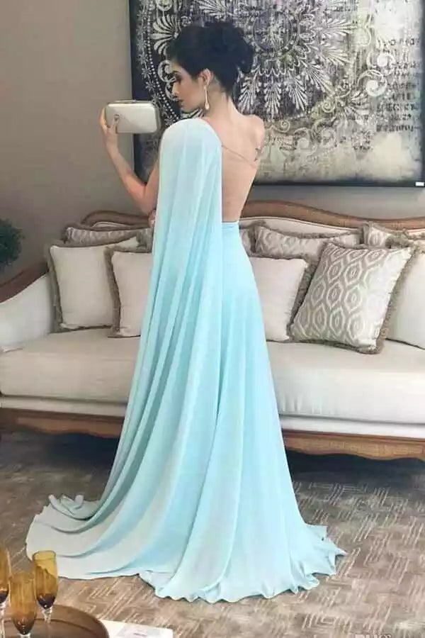 Ethereal Aqua Blue One-Shoulder Gown with Capelet & Cut-Out Detail