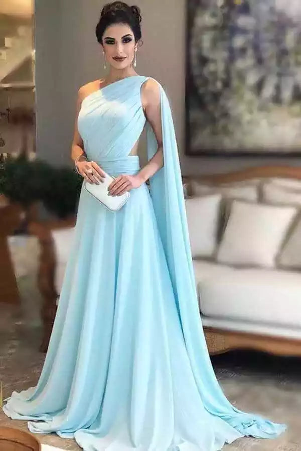 Ethereal Aqua Blue One-Shoulder Gown with Capelet & Cut-Out Detail