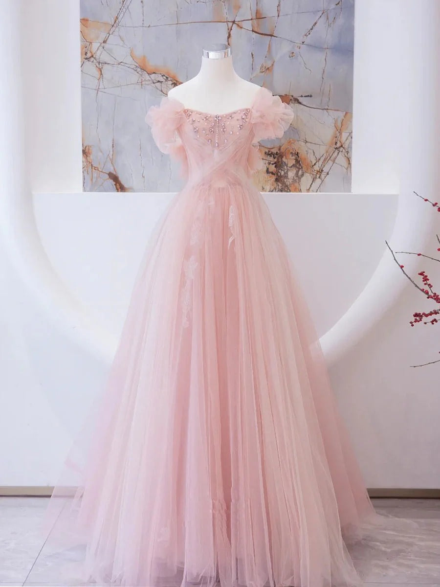 Ethereal Ball Gown Off-The-Shoulder Beaded Blush Pink Tulle Gown