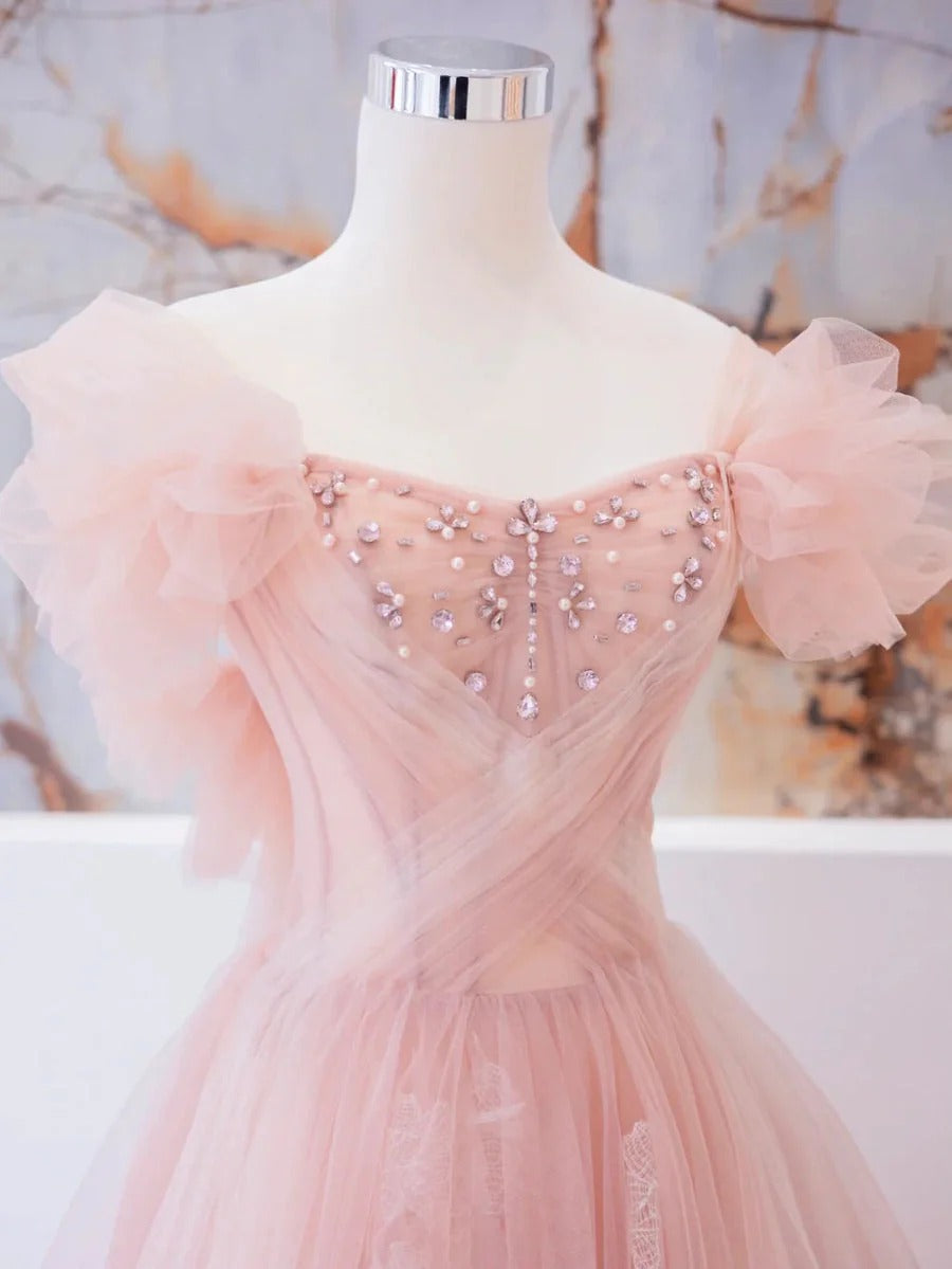 Ethereal Ball Gown Off-The-Shoulder Beaded Blush Pink Tulle Gown