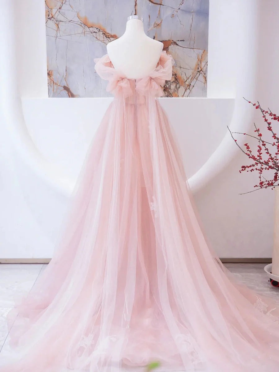 Ethereal Ball Gown Off-The-Shoulder Beaded Blush Pink Tulle Gown