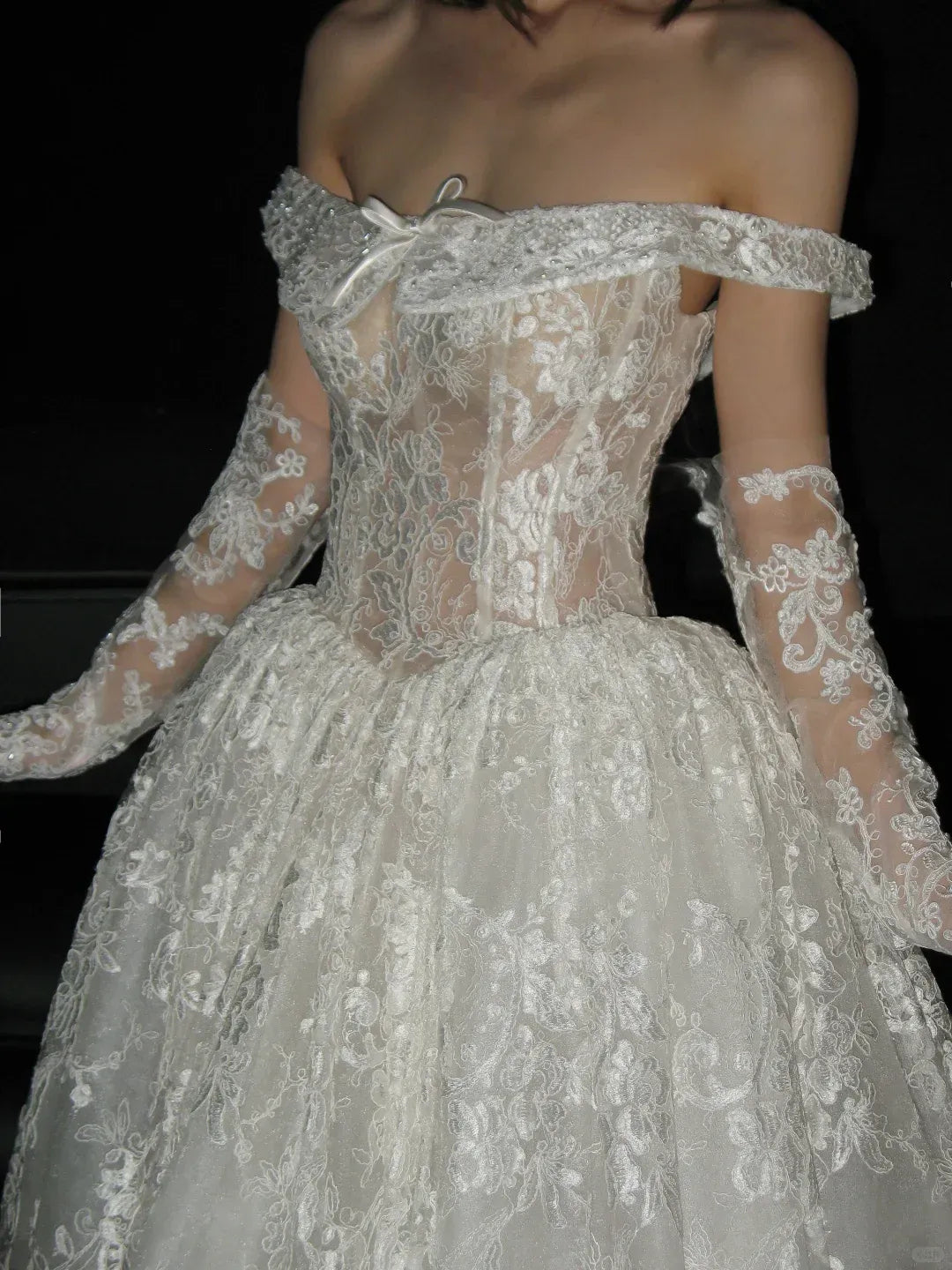 Ethereal Ball Gown Off-The-Shoulder Satin Bow Ivory Lace Gown