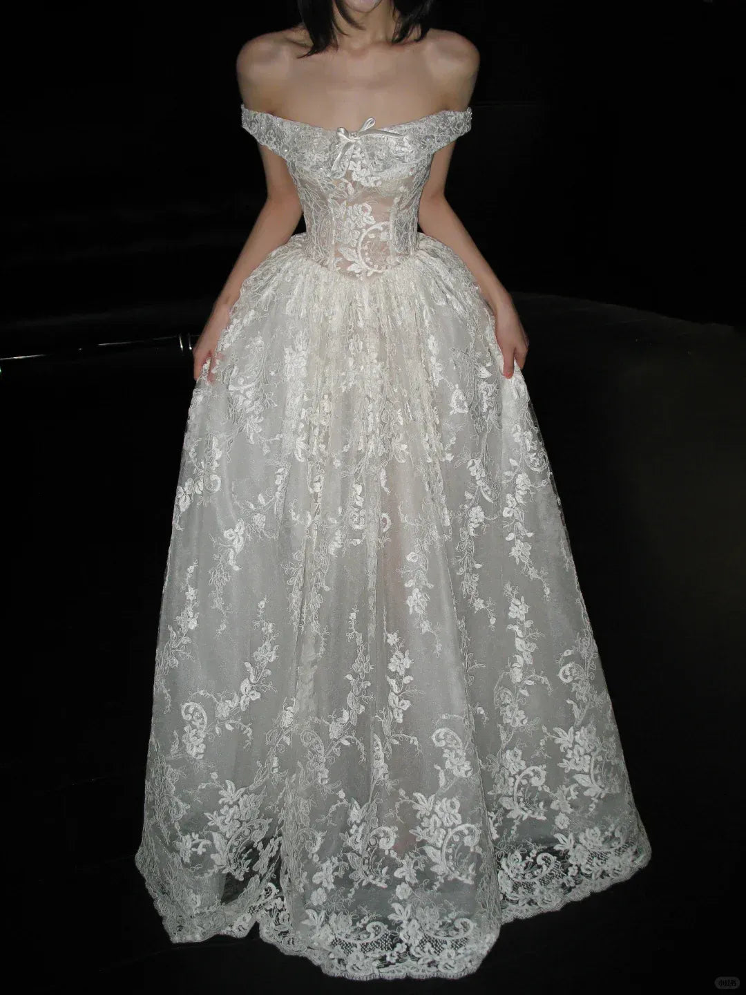 Ethereal Ball Gown Off-The-Shoulder Satin Bow Ivory Lace Gown
