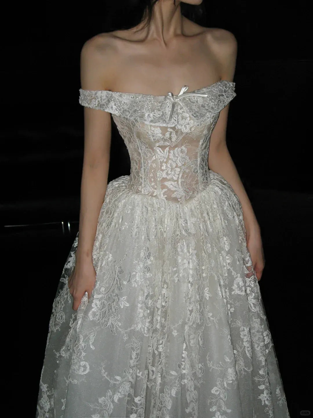 Ethereal Ball Gown Off-The-Shoulder Satin Bow Ivory Lace Gown