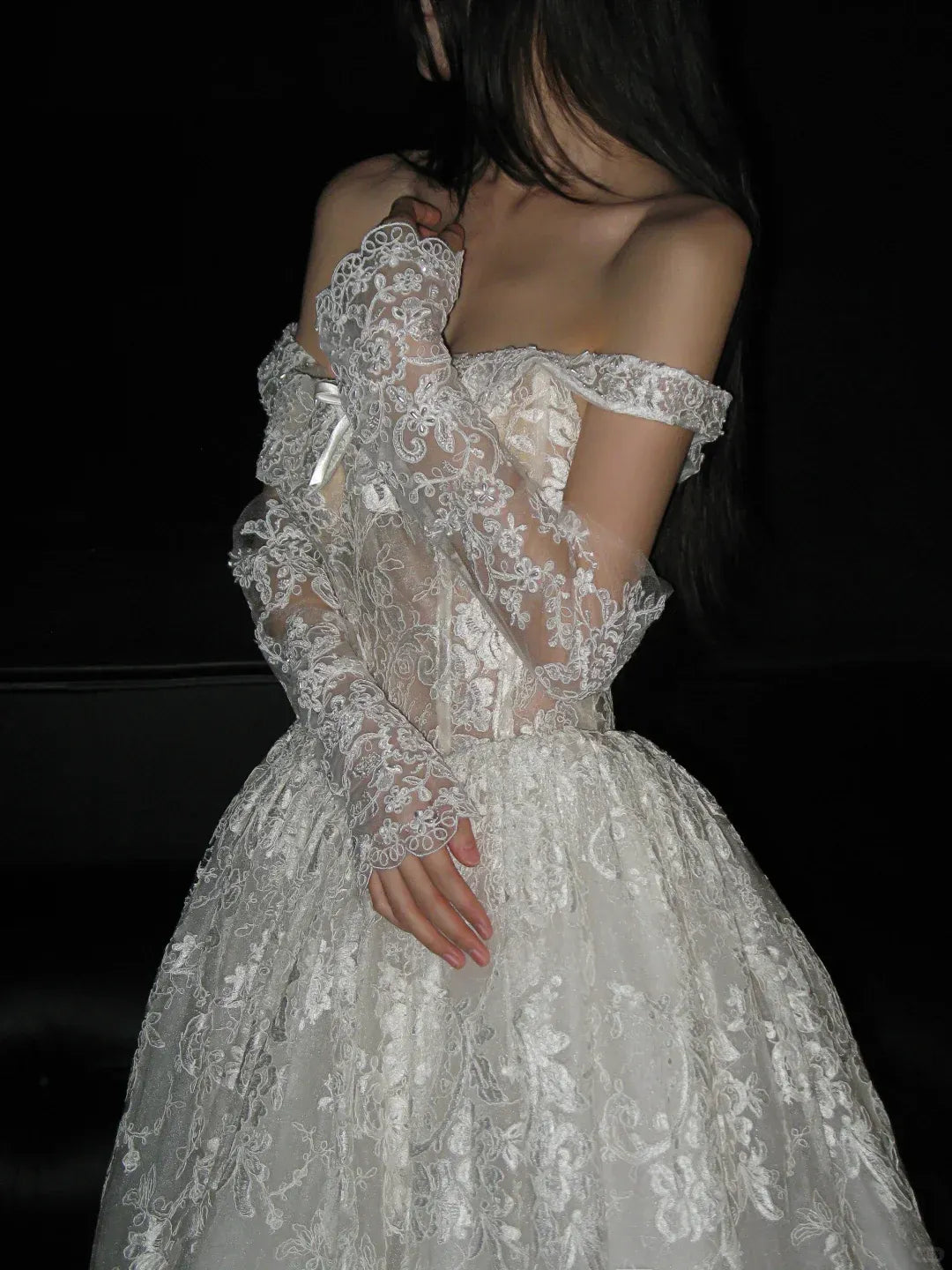 Ethereal Ball Gown Off-The-Shoulder Satin Bow Ivory Lace Gown