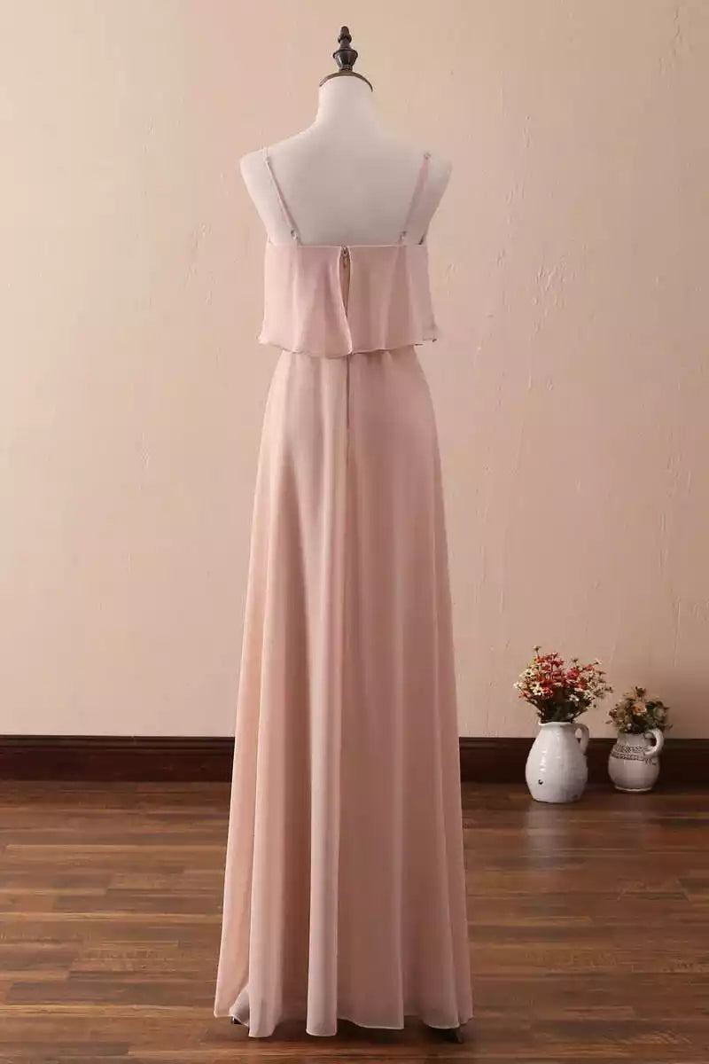 Ethereal Blush Chiffon Gown with Spaghetti Strap Ruffled Overlay & Open Back