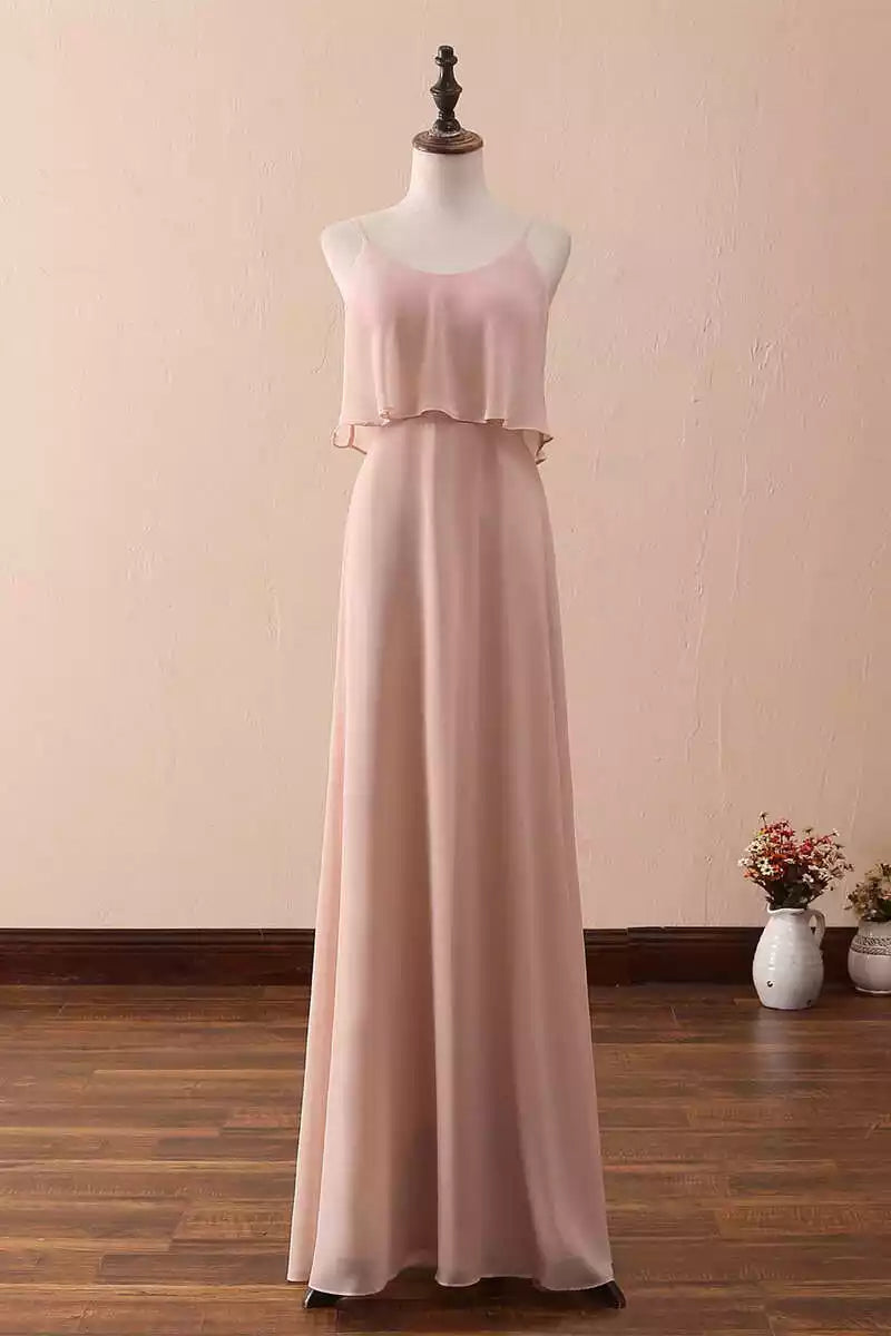 Ethereal Blush Chiffon Gown with Spaghetti Strap Ruffled Overlay & Open Back