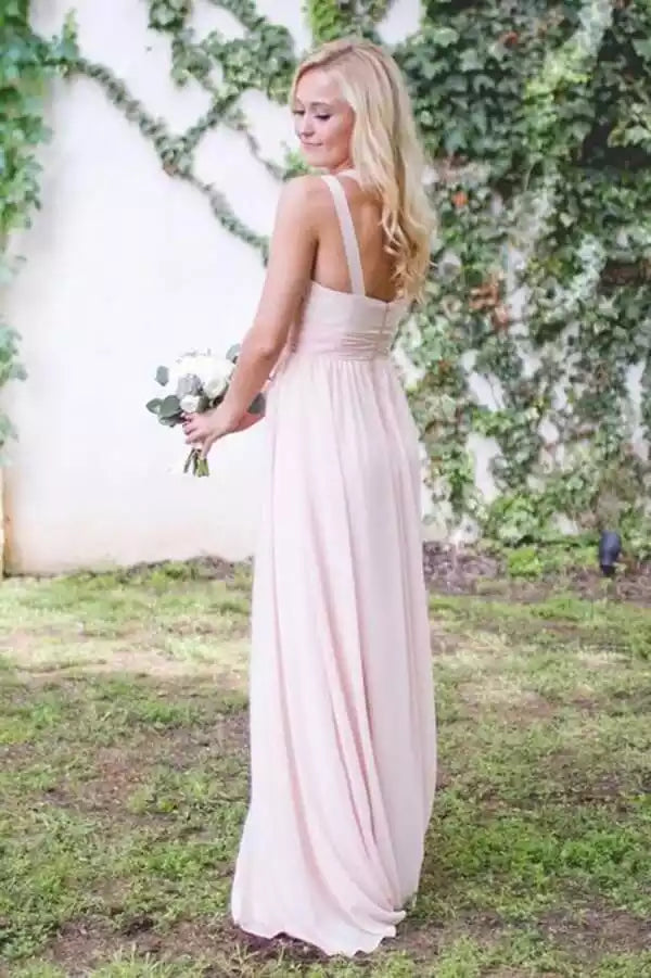 Ethereal Blush Pink Halter Gown with Ruched Bodice & Flowing Chiffon Skirt