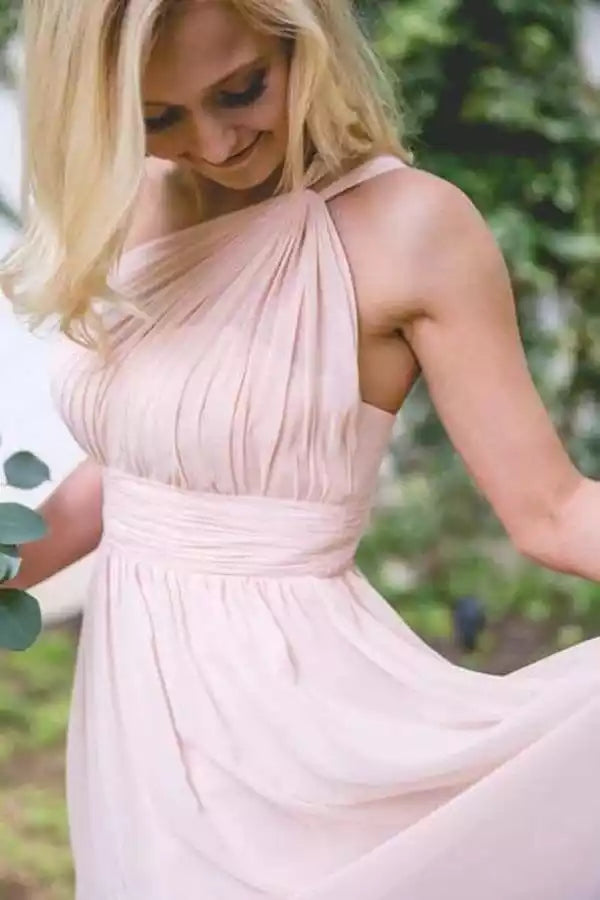 Ethereal Blush Pink Halter Gown with Ruched Bodice & Flowing Chiffon Skirt
