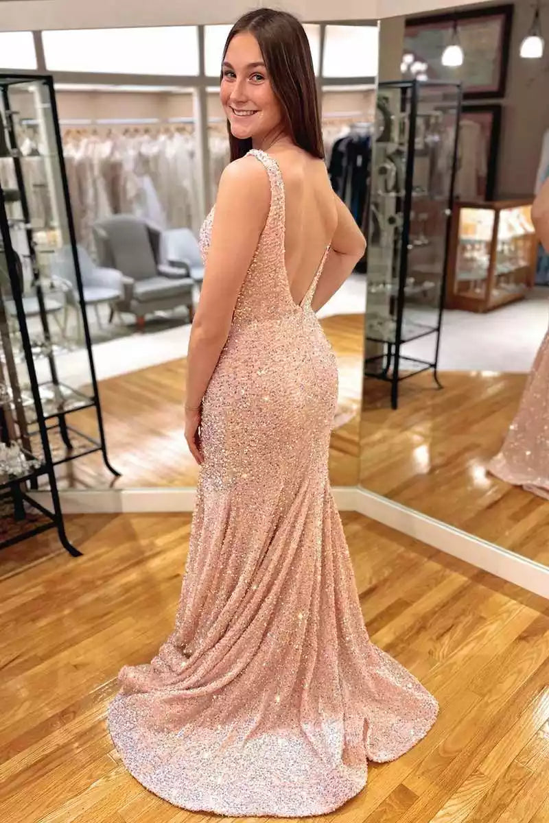 Ethereal Blush Sequin Mermaid Gown with Deep V-Neck & Plunging Open Back