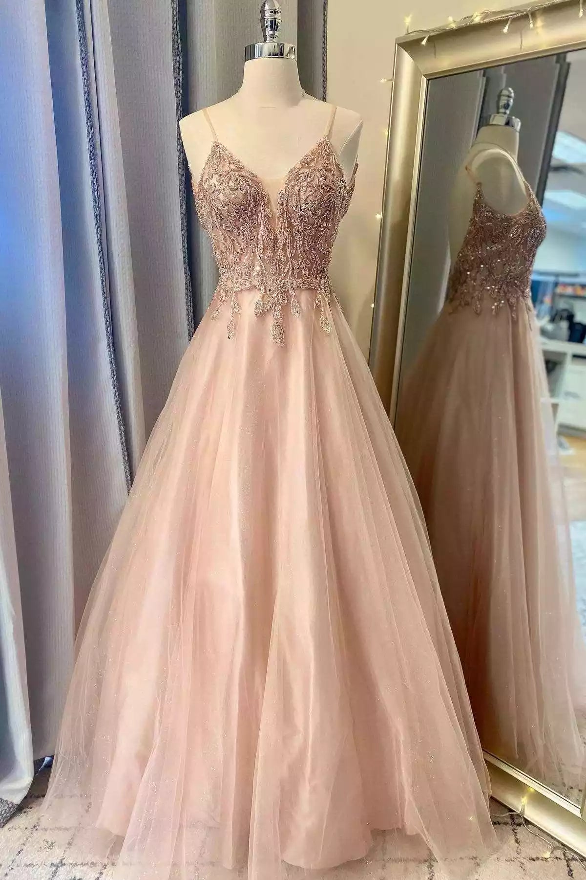 Ethereal Blush Tulle Ballgown with Beaded Lace Bodice & Spaghetti Straps