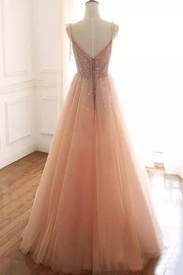 Ethereal Blush Tulle Gown with Beaded Spaghetti Strap Bodice & Ballgown Silhouette