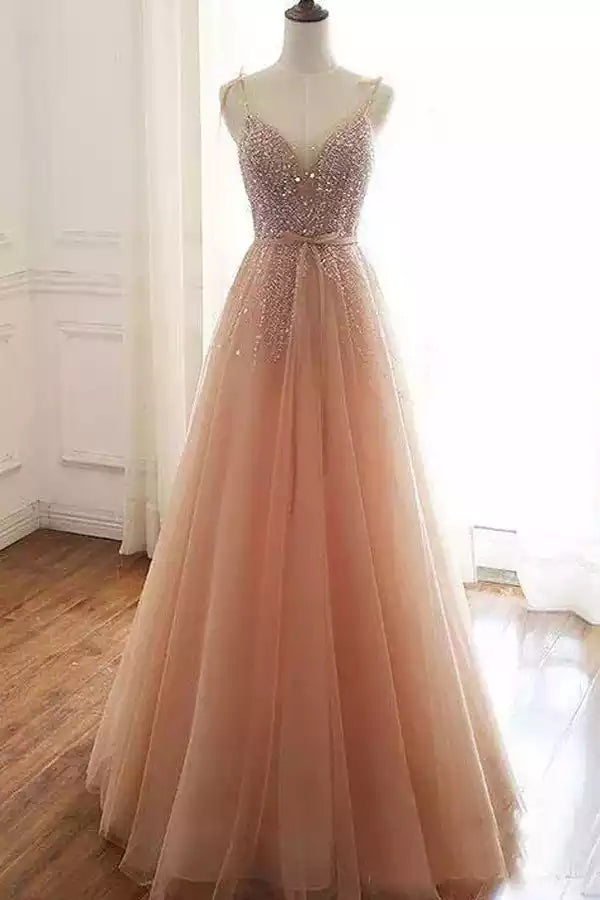 Ethereal Blush Tulle Gown with Beaded Spaghetti Strap Bodice & Ballgown Silhouette