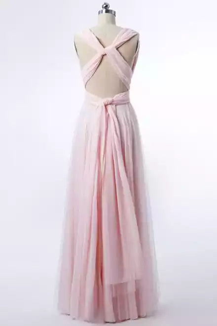 Ethereal Blush Tulle Gown with Cross-Back & Ruched V-Neck