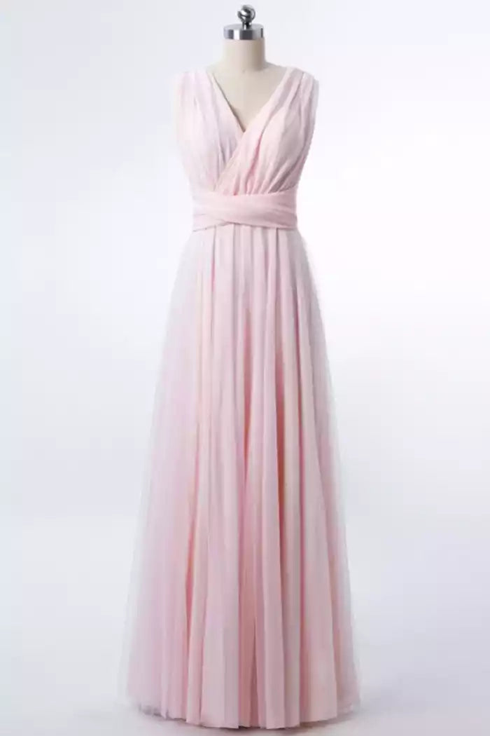 Ethereal Blush Tulle Gown with Cross-Back & Ruched V-Neck