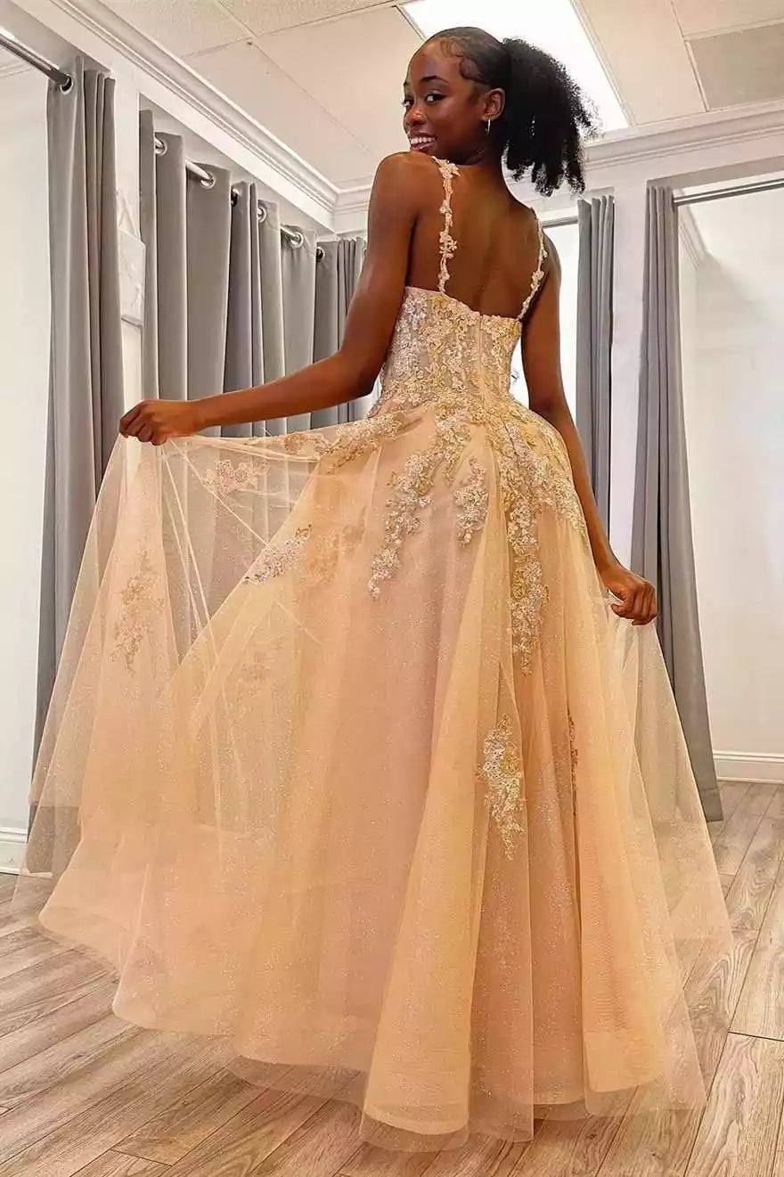 Ethereal Blush Tulle Gown with Gold Lace Embellishments & Open Back