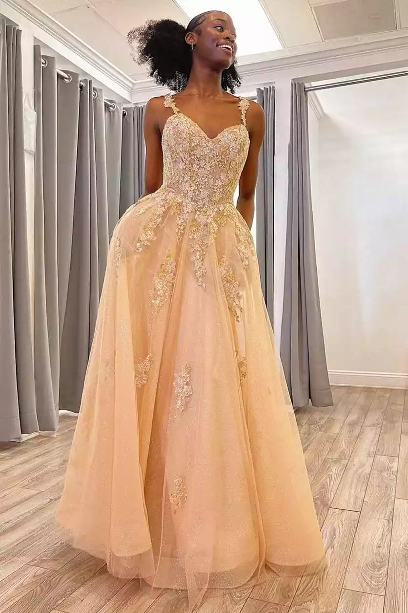 Ethereal Blush Tulle Gown with Gold Lace Embellishments & Open Back