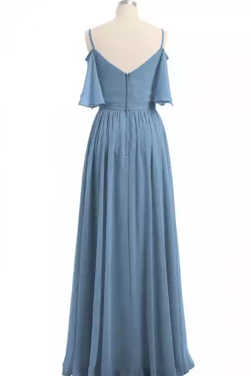 Ethereal Dusty Blue Chiffon Gown with Cold-Shoulder Ruffle Sleeves