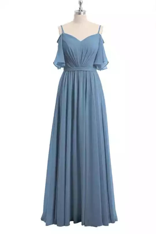 Ethereal Dusty Blue Chiffon Gown with Cold-Shoulder Ruffle Sleeves