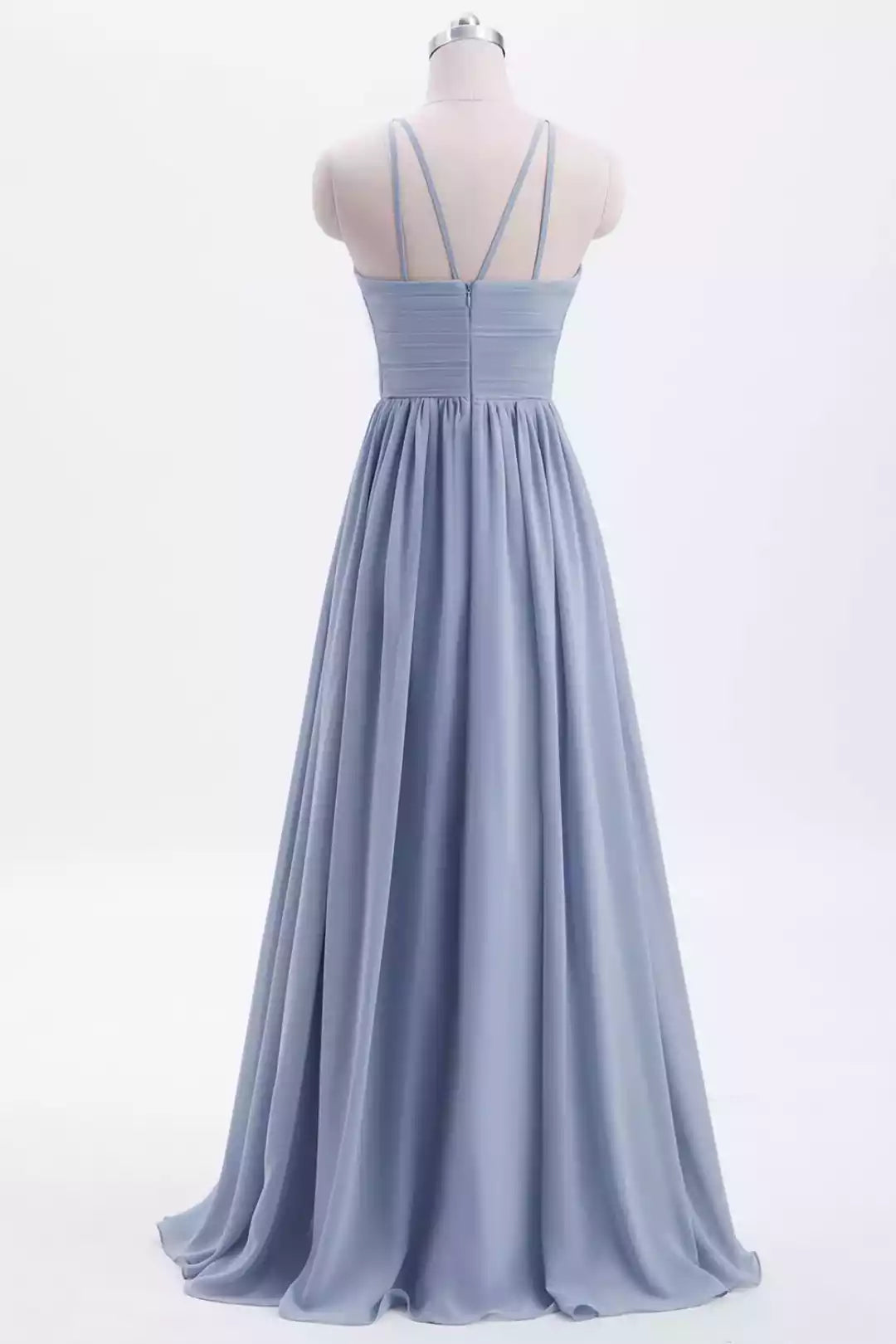 Ethereal Dusty Blue Chiffon Gown with Multi-Strap Halter & Ruched Bodice