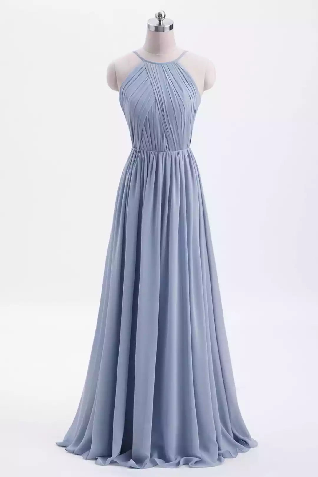 Ethereal Dusty Blue Chiffon Gown with Multi-Strap Halter & Ruched Bodice