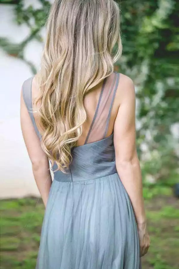 Ethereal Dusty Blue Tulle Gown with Sheer Spaghetti Straps & Ruched Bodice