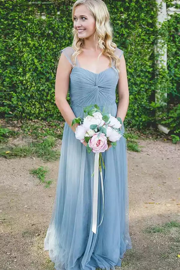 Ethereal Dusty Blue Tulle Gown with Sheer Spaghetti Straps & Ruched Bodice