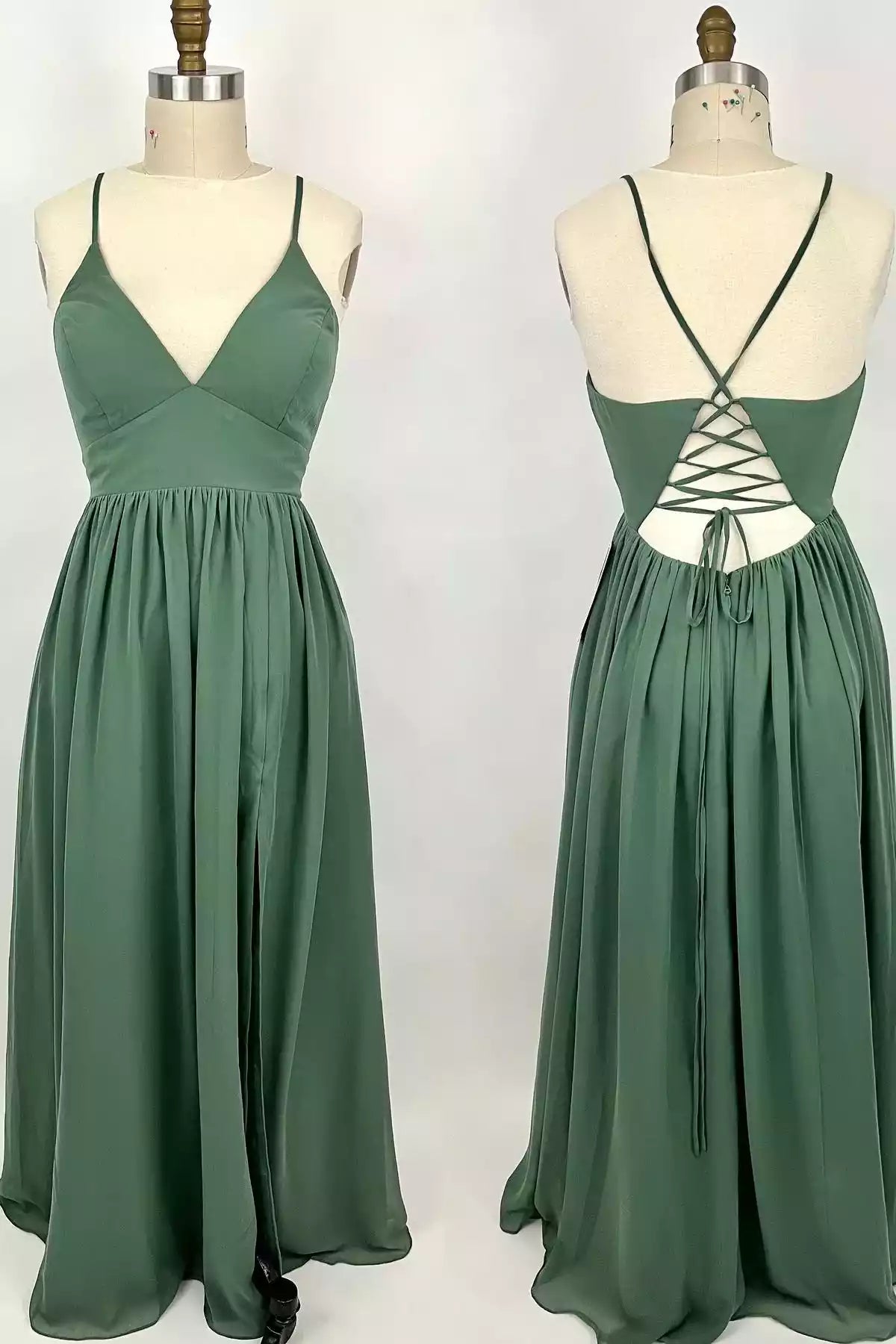 Ethereal Emerald Satin Gown with Plunging V-Neck & Lace-Up Back