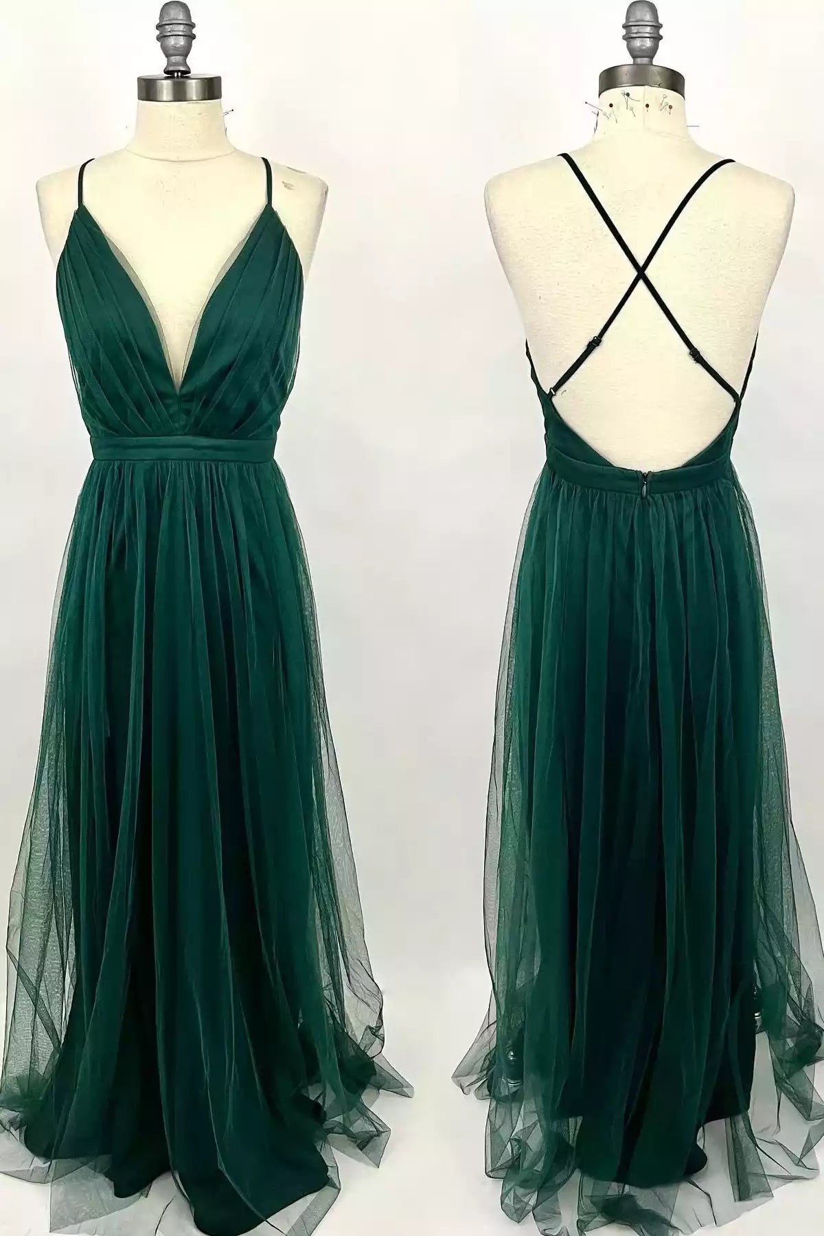 Ethereal Emerald Tulle Gown with Plunging V-Neck & Crisscross Back