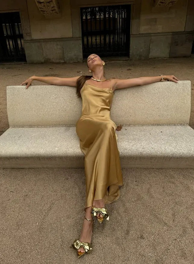 Ethereal Golden Satin Open Back Spaghetti Strap Maxi Gown