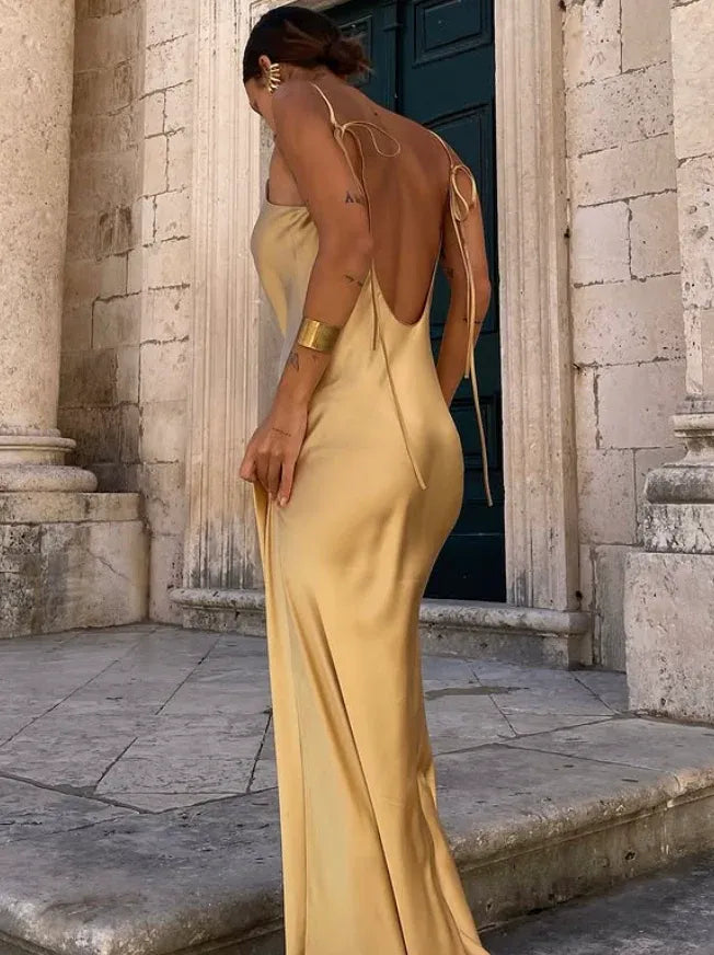Ethereal Golden Satin Open Back Spaghetti Strap Maxi Gown