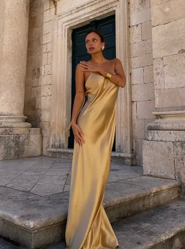 Ethereal Golden Satin Open Back Spaghetti Strap Maxi Gown