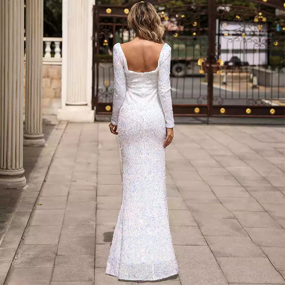 Ethereal Iridescent Sequin Long-Sleeve Mermaid Gown with Square Back