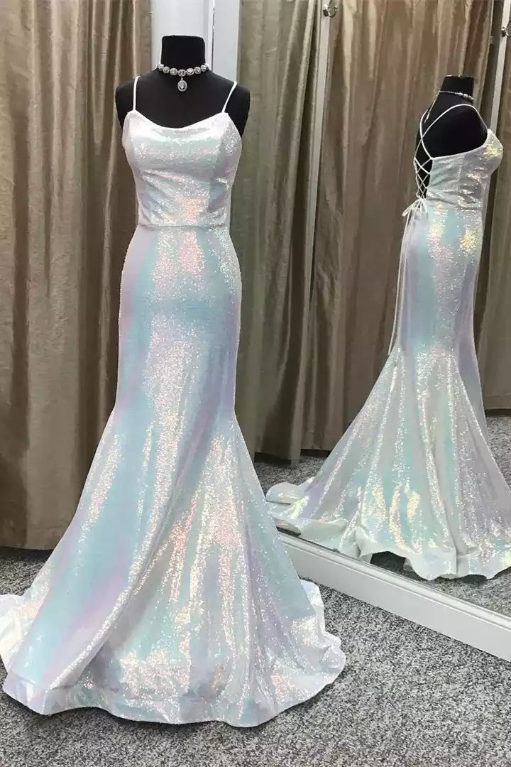 Ethereal Iridescent Sequin Mermaid Gown with Crisscross Back