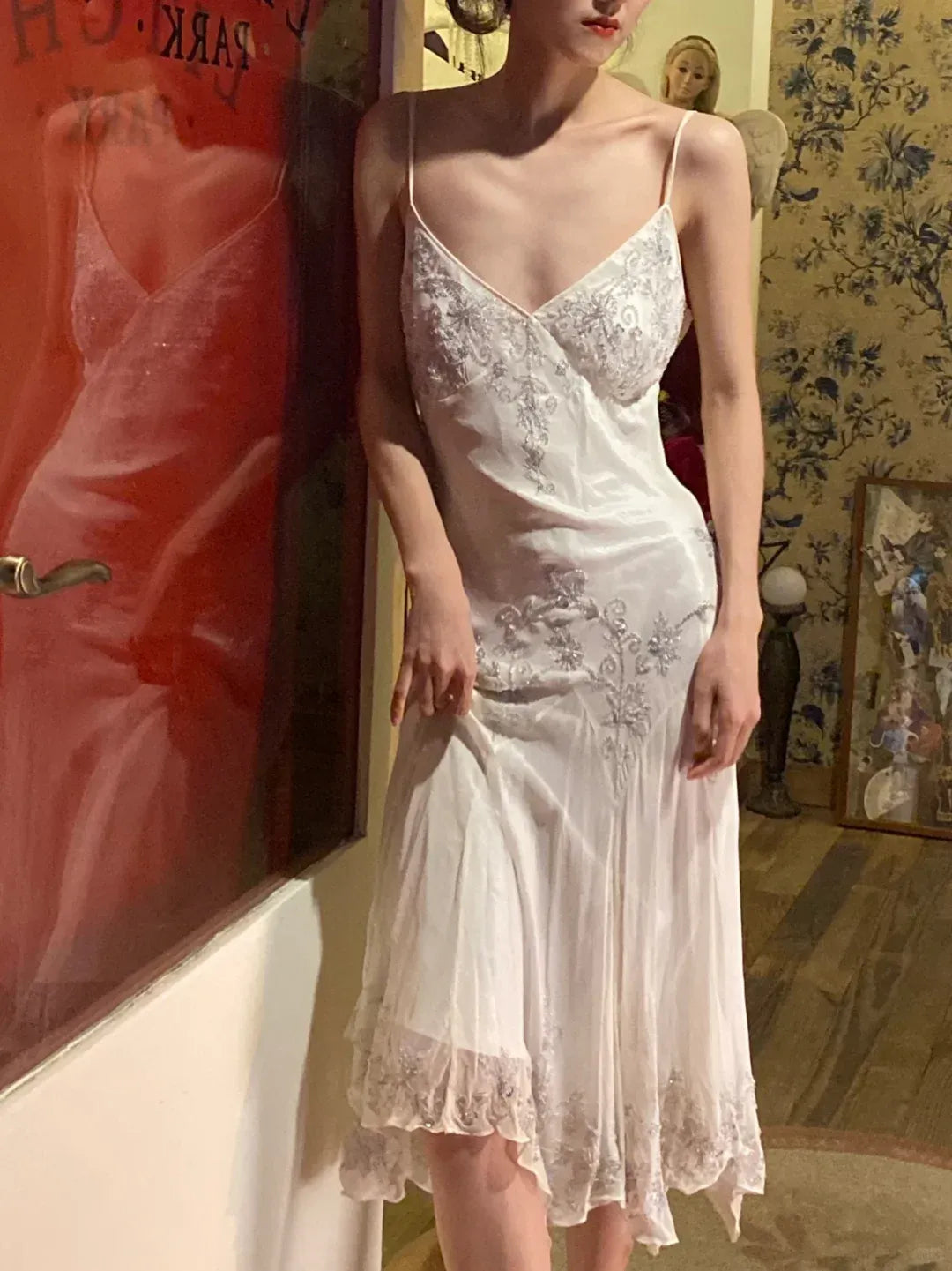 Ethereal Ivory Chiffon Beaded Floral Embroidered Slip Dress