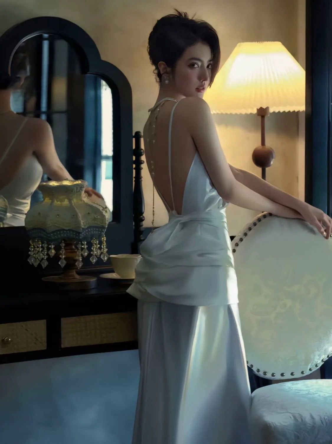 Ethereal Ivory Satin Pearl Chain Open Back Slip Gown